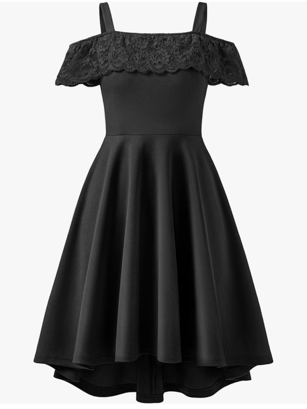 Girls black off the shoulder lace trim dress with pockets.
